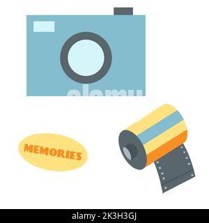Retro-Fotokamera mit Fotorolle im Cartoon-Flachstil. Vektor-Illustration von Vintage-Foto-Ausrüstung. Nostalgie für 1980 1990. Stock Vektor