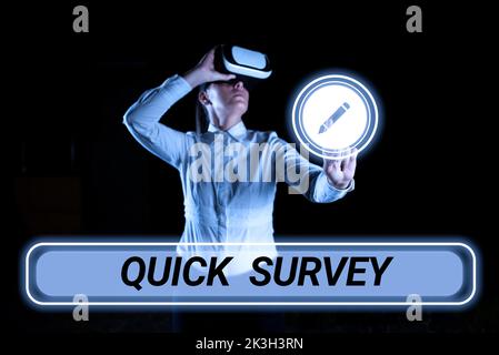 Textschild mit Quick Survey. Business Showcase Führen Sie eine schnelle Überprüfung der Zustandswertsituation von etwas durch Stockfoto