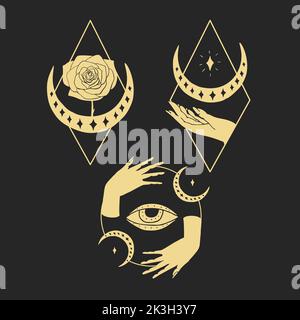 Set aus goldenen Silhouetten mystischer Hände mit bösem Auge, Monden und Rosenblüten. Stock Vektor