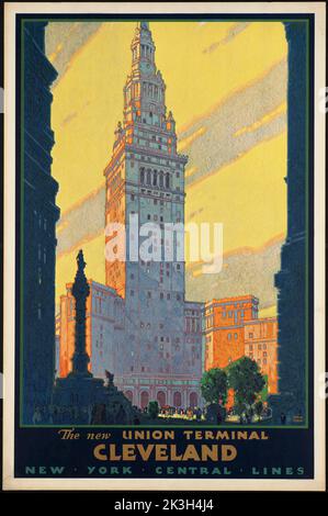 Farbenfrohes Vintage-Reisesoster des Union Terminal Tower-Gebäudes in Cleveland, Ohio, USA, Nordamerika Stockfoto