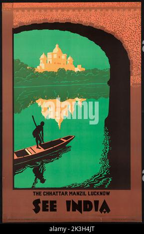 Farbenfrohes „See India Vintage Travel Poster“ des Chattar Manzil Palastes in Lucknow, Indien Stockfoto