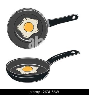 Gebratenes Ei in einer schwarzen Bratpfanne, Farbvektordarstellung. Stock Vektor