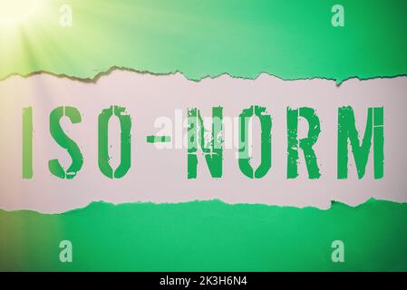 Textunterschrift mit Darstellung der ISO-Norm. Konzept, das einen akzeptierten Standard oder eine Art und Weise bezeichnet, Dinge zu tun, die am besten als vereinbart angezeigt werden Stockfoto