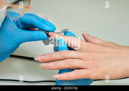 Konstruktion von Schönheitsnägeln. Untere Nagelverlängerung. Master Manikurist im Schönheitssalon setzt spezielle Papierformen unter Nagel erhöhen Länge weibliche Client Stockfoto