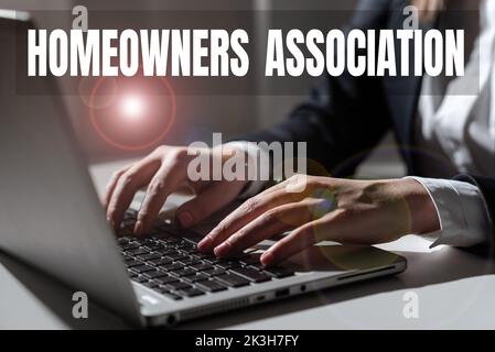 Inspiration zeigt Zeichen Homeowners Association. Business Idea Organisation mit Gebühr für die Pflege der Gated Community Stockfoto