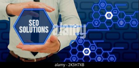 Textunterschrift mit Seo Solutions. Konzept Bedeutung Suchmaschinen Ergebnis Seite Besucher durch Rankings erhöhen Stockfoto