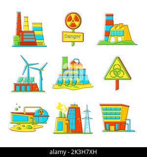 Fabrik- und gefährliche Produktion – Objekt im Liniendesign-Stil gesetzt Stock Vektor