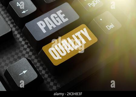 Schreiben mit Anzeige von Text Seitenqualität. Geschäftsidee Wirksamkeit einer Website in Bezug auf Aussehen und Funktion Stockfoto