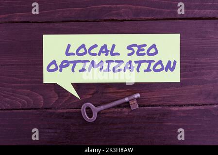 Textüberschrift mit Darstellung der lokalen Seo-Optimierung. Wort, das bei geschrieben wurde, erhöht die Sichtbarkeit der Suche auf Rang in der Top-Liste Stockfoto