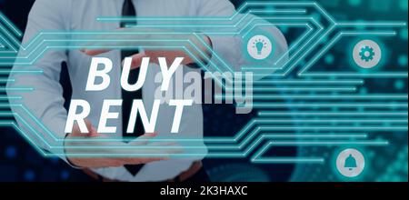Konzeptunterschrift Mieten kaufen, Konzept bedeutet, zwischen dem Kauf von etwas oder der Bezahlung für die Nutzung zu wählen Stockfoto