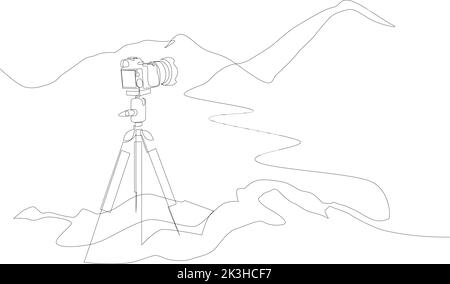 Eine kontinuierliche Linienzeichnung der Kamera auf einem Stativ, das Berge aufzeichnet. Vektorgrafik Stock Vektor