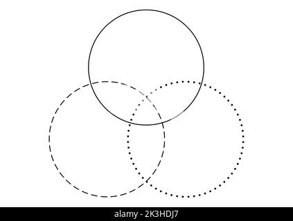 Venn-Diagramm verschmelzen drei Linien und gestrichelte Linie Kreise Diagramm Infografik Zeichen. Stock Vektor