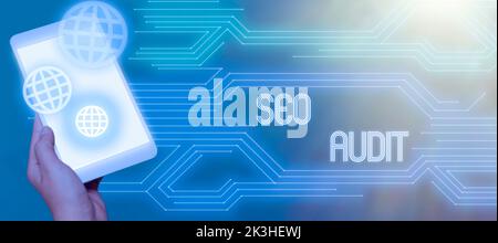 Text mit Anzeige Seo Audit wird geschrieben. Word für den Prozess zur Validierung und Verifizierung der Suchmaschinenoptimierung Stockfoto