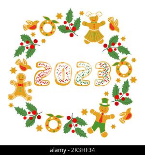 Frohes neues Jahr Frohe Weihnachten Vektor Illustration Spaß Cartoon Lebkuchenmann, Mistel, Vogel, Weihnachtskranz, Zahlen 2023 auf weißem Hintergrund. Chr Stock Vektor
