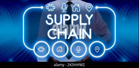 Inspiration mit Zeichen Supply Chain. Wort für Organisationssystem und Prozesse vom Lieferanten bis zum Verbraucher Stockfoto