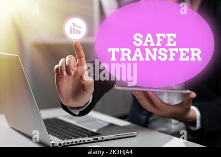 Textschild mit sicherer Übertragung. Geschäftskonzept Wire Transfers elektronisch nicht papierbasiert Transaktion Stockfoto