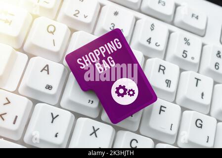 Textunterschrift mit Darstellung des Einkaufsbugs. Wort, das auf Containern zum Mitführen von persönlichen Besitztümern oder Einkäufen geschrieben wurde Stockfoto