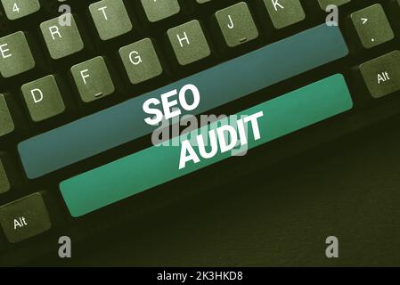 Textschild mit Seo Audit. Word für den Prozess zur Validierung und Verifizierung der Suchmaschinenoptimierung Stockfoto