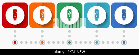 USB-Vektorsymbole, Infografik-Vorlage, Satz flacher Designsymbole in 5 Farboptionen Stock Vektor
