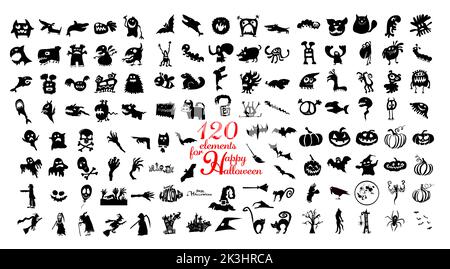 Set von Silhouetten von Halloween auf weißem Hintergrund. Frohe Halloween. Vektorgrafik Stock Vektor