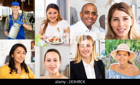 Collage aus Porträts von positiven Menschen verschiedener Berufe Stockfoto