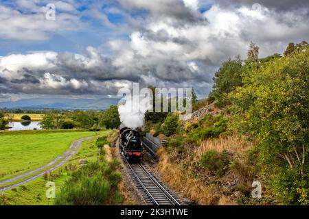 STRATHSPEY DAMPFEISENBAHN AVIEMORE SCOTLAND DER ZUG NÄHERT SICH DEM BROOMHILL FLUSS SPEY UND CAIRNGORMS IM HINTERGRUND Stockfoto