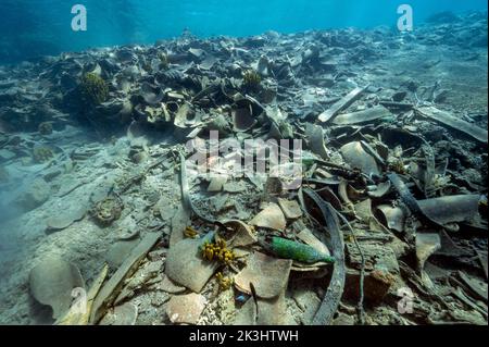 Unterwasser-Säuberung von ausgedehnten Garbages über dem alten Schiffswrack Bozburun Marmaris Türkei. Stockfoto