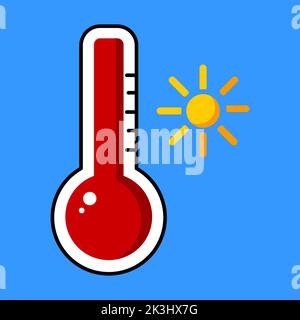 Abbildung des Wetterthermometers. Heiße Temperatur. Thermometer mit roter Skala. Sonniges Wetter. Vektorbild. Stock Vektor