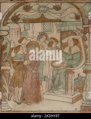 Jesus im Prätorium vor Pontius Pilatus, ein Wandgemälde von 1530 in der Kirche von Brøns, Dänemark, 15. September 2022 Stockfoto