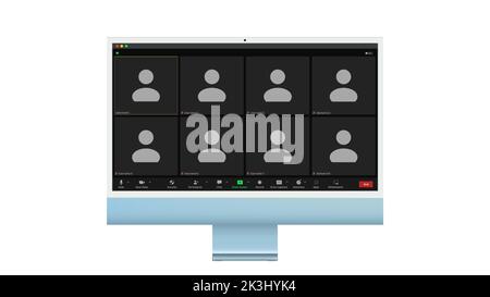 Zoom-Interface-Mockup. Kommunikationskonzept. Neun Teilnehmer. Die vier Teilnehmer im Zentrum sind groß. Stock-Bild. EPS 10. Stock Vektor