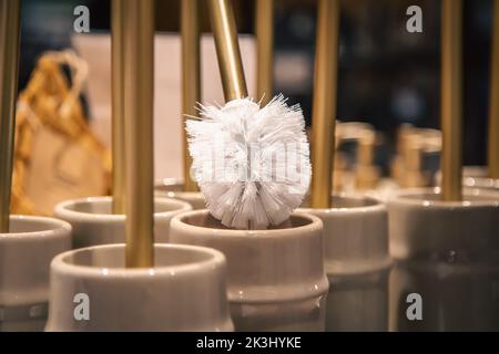 Nahaufnahme, Toilettenbürsten in einem Baumarkt. Stockfoto