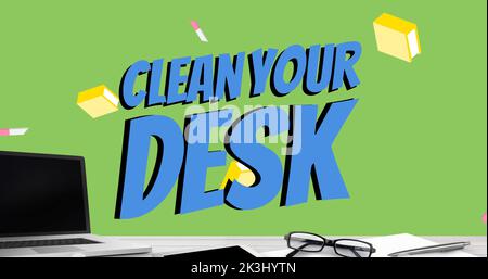 Zusammengesetzt aus Clean your Desk Text über fallenden Schneidern und Büchern mit Laptop auf dem Tisch Stockfoto