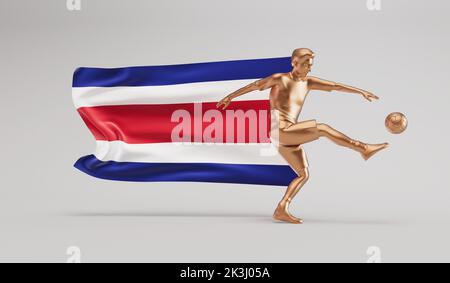 Goldener Fußballspieler, der einen Ball mit der Flagge von costa rica spielt. 3D Rendering Stockfoto