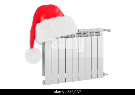 Heizkörper mit Weihnachtsmütze, 3D Rendering isoliert auf weißem Hintergrund Stockfoto