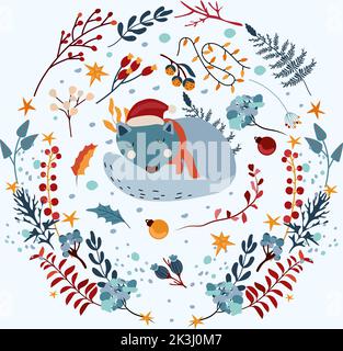 Magischer Winter, Hintergrund mit einem niedlichen schlafenden Wolf in einem Kranz, Winterbeeren, helle Blumen, farbige Girlande.skandinavisches Tier.perfekt für Grußkarten, Poster, Flyer, Banner.Vektor. Stock Vektor