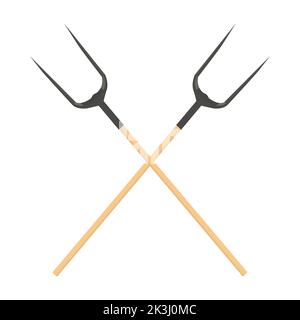 Pitchfork auf weißem Hintergrund isoliert. Metall Heugabel mit Holzhand in Stil flach. Garten Werkzeug Vektor Illustration Design. Stock Vektor