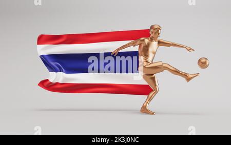 Goldener Fußballspieler tritt einen Ball mit der flagge thailands. 3D Rendering Stockfoto