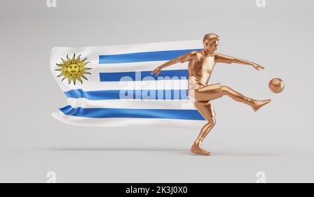 Goldener Fußballspieler, der einen Ball mit der uruguayischen Flagge spielt. 3D Rendering Stockfoto