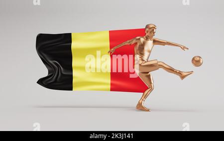 Goldener Fußballspieler tritt einen Ball mit der belgischen Flagge. 3D Rendering Stockfoto