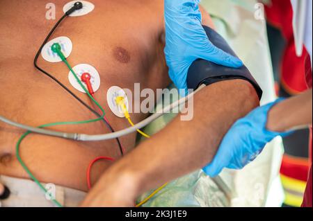 Arzt überprüft die Vitalparameter des erwachsenen Patienten Stockfoto