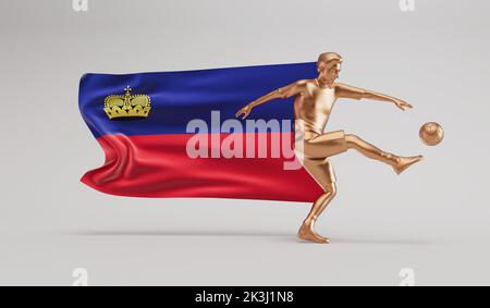 Goldener Fußballspieler tritt einen Ball mit liechtensteinischer Flagge. 3D Rendering Stockfoto