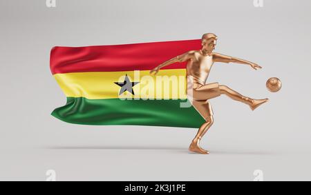 Goldener Fußballspieler tritt einen Ball mit der flagge ghanas. 3D Rendering Stockfoto