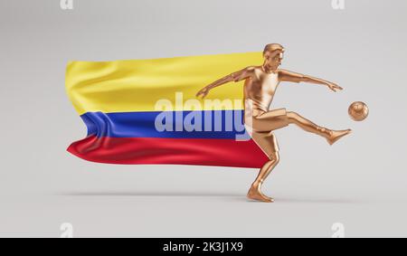 Goldener Fußballspieler tritt einen Ball mit kolumbien winkende Flagge. 3D Rendering Stockfoto