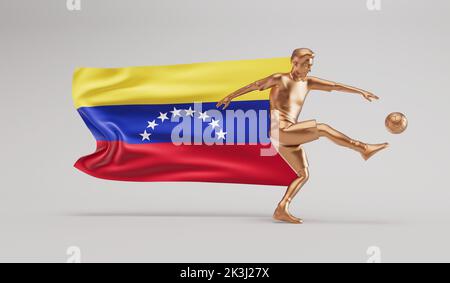 Goldener Fußballspieler tritt einen Ball mit der venezolanischen Flagge an. 3D Rendering Stockfoto