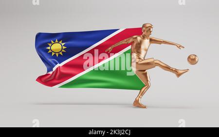 Goldener Fußballspieler tritt einen Ball mit namibia winkender Flagge. 3D Rendering Stockfoto