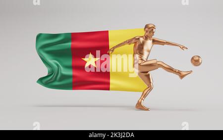 Goldener Fußballspieler tritt einen Ball mit kamerun winkende Flagge. 3D Rendering Stockfoto