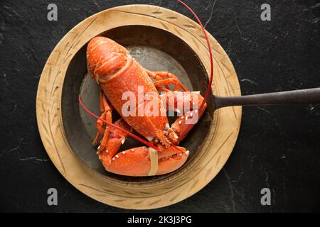 Ein gekochter Hummer, Homarus gammarus, wird in einer alten Metallpfanne auf einem hölzernen Schneidebrett dargestellt. Schwarzer Hintergrund. Dorset England GB Stockfoto