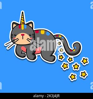Bild einer fliegenden Einhornkatze und Sterne. Vektorgrafik Stock Vektor