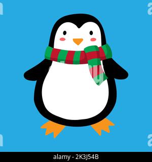 Cartoon Pinguin in einem Schal. Pinguin in einem rot-grünen Schal. Kinderdruck. Vektorgrafik. Stock Vektor