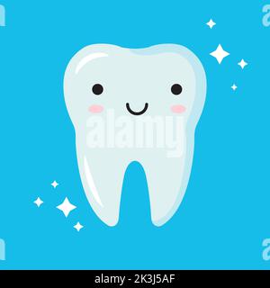 Cartoon flache Illustration von lächelnden weißen Zahn. Niedlicher Baby-Kawaii-Zahn. Vektorgrafik. Stock Vektor